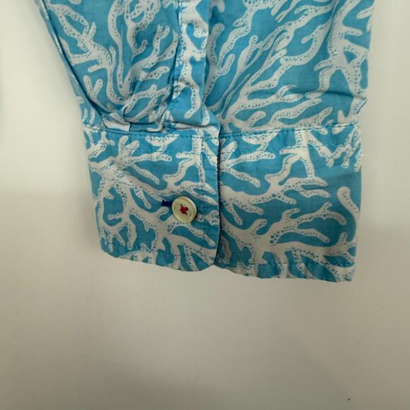 Talbots Shirt Women M Blue White Coral Reef Print Button Up Roll-tab Long Sleeve - Picture 6 of 10
